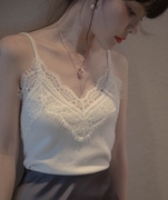 吊带背心女外穿夏季2024韩版白色，蕾丝无袖上衣，内搭v领打底衫