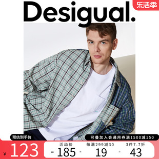 Desigual西班牙时尚品牌宽松格纹拼接撞色刺绣男式衬衫