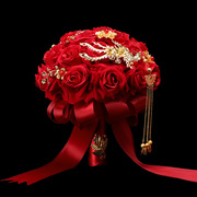 中式婚礼新娘结婚手捧花，仿真布艺玫瑰假花球婚纱摄影道具婚庆用品