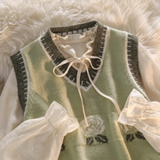 韩系多巴胺套装抹茶绿针织背心，马甲女系带，雪纺衬衫奶系叠穿两件套