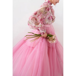 美妃高级芭比粉色长款气质仙女裙子半身裙女2023春夏秋设计感