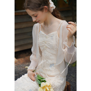mqueen法式珍珠链吊带裙，名媛连衣裙雪纺，开衫仙女套装两件套秋9073