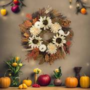 秋季感恩节白南瓜(白南瓜，)花环丰收节向日葵，枫叶5060花圈装饰门饰