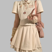 法式学院风polo连衣裙子女学生，夏季茶系穿搭上下一整套装短裙