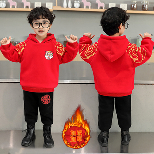 男童红色加绒卫衣，秋冬款2024龙年本命年冬季儿童装时髦拜年服