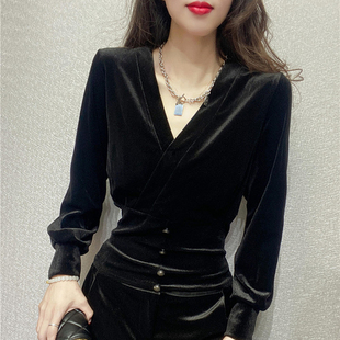 法式衬衫女冬高级设计感黑色金丝绒，上衣长袖v领打底衫欧货上衣潮