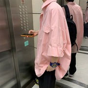 日系cityboy粉色衬衫夏季美式复古七分袖衬衣小众，设计感工装外套
