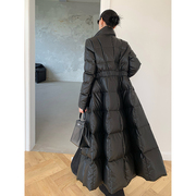wangxo黑色立领pu皮羽绒服女2023冬季修身显瘦长款，过膝白鸭绒(白鸭绒)外套