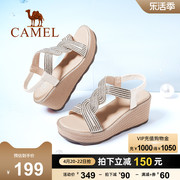 骆驼女鞋2024年夏季时装高跟凉鞋，女羊皮鱼嘴鞋厚底坡跟凉鞋女