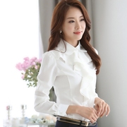 韩版通勤翻领荷叶花边白色衬衫，女长袖职业装，修身雪纺衫打底上衣