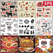 线描矢量烤肉牛排铁板肉鱼烤肠牛羊鸡EPS矢量印花图案设计素材