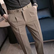 咖啡色裤子男显高九分小脚，英式西装裤秋季发型师正装腰带双褶西裤
