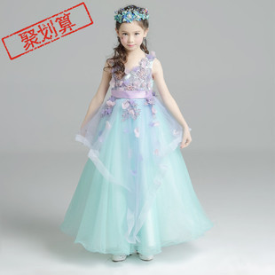 儿童礼服公主裙长裙，2022春装蓝色花童连衣裙，女童装贴花蓬蓬裙