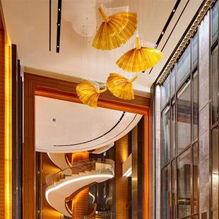 大型工程酒店宴会厅洽谈区沙盘灯具艺术荷叶扇子楼梯走廊水晶吊灯
