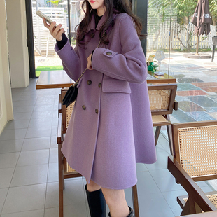 紫色双面羊绒大衣女2023年中长款毛呢大衣外套女秋冬高级感