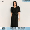 LILY2024夏女装别致镂空气质通勤百搭复古泡泡袖连衣裙小黑裙