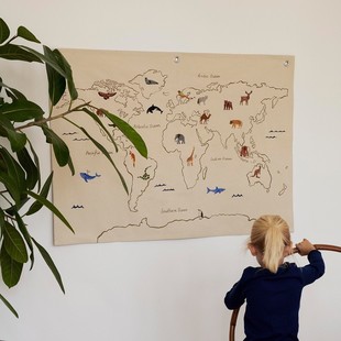 INS北欧布艺画挂毯挂画墙面装饰儿童房动物刺绣帆布地图摄影道具