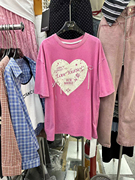 甜美印花字母短袖t恤女2024夏季时尚心形图案系带蝴蝶结上衣