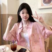 2025粉色蝴蝶结印花长袖衬衫夏季新款甜美慵懒宽松防晒外套上衣女