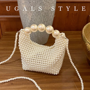 ugals法式复古名媛手工编织材料包串珠(包串珠)珍珠，枕头波士顿手拿斜挎包
