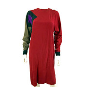 古红色真丝连衣裙vintage尖货孤品艺术色块撞色拼接长袖连衣裙
