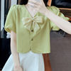 小香风蝴蝶结v领衬衫，女夏季短袖短款小个子，泡泡袖气质女人味上衣