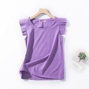 E18-4夏季女装浅紫色圆领压褶半袖气质小衫甜美荷叶边雪纺衫