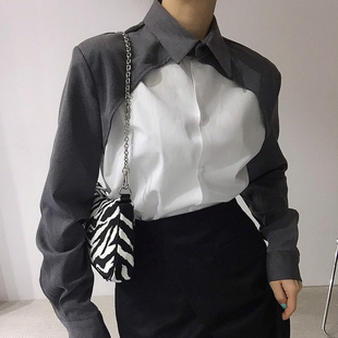 韩国chic秋季气质个性翻领，撞色拼接设计宽松百搭单排扣长袖衬衫女