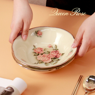韩国进口Queen Rose金边陶瓷碗皇后玫瑰深圆盘家用菜盘餐具汤盘