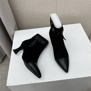 品牌撤柜真皮女鞋22秋款法式高跟细跟尖头时尚气质绒里女短靴