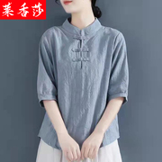民国风女装改良短袖旗袍上衣，夏季汉服中国风，禅意茶服棉麻盘扣衬衫