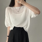 韩国chic夏季简约冰丝，薄款短袖针织衫套头，圆领五分袖白色t恤罩衫