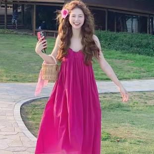 法式气质玫红火龙果色吊带，连衣裙女2024夏季设计感小个子公主长裙