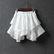 夏季亚麻不规则蕾丝花边白色，棉麻短裙女装高腰，棉麻蓬蓬半身裙裤