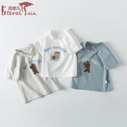 婴儿短袖T恤上衣纯棉夏季薄款半袖女男宝宝夏装条纹蓝色白色中袖