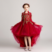 女童红色长袖礼服公主裙蓬蓬纱中式花童婚纱主持人钢琴演出服表演