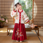 高端儿童古装裙秋拜年公主女中中国风，涤纶玉兔红色锦鲤汉服