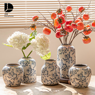 新中式青花瓷陶瓷花瓶景德镇轻奢高级感复古摆件客厅插花干花水培