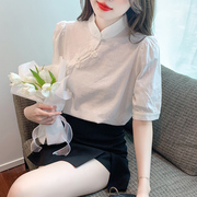 中国风复古盘扣立领上衣女夏装气质修身显瘦白色小衫短袖衬衫