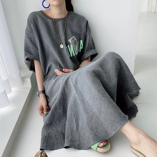 韩系chic夏季法式复古圆领贴布字母印花设计宽松休闲短袖连衣裙女