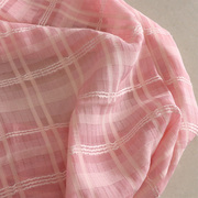 粉色藏青色提花格子天丝棉，布料夏季半透垂感透气旗袍衬衫汉服面料