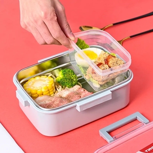 304不锈钢饭盒分格学生餐具，成人便当盒北欧风格双层分隔锁扣餐盒