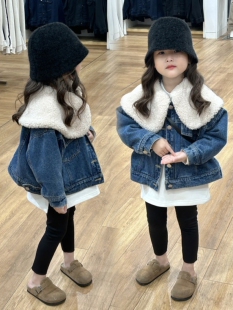 女童韩版厚款牛仔羊羔毛外套2023冬儿童洋气大毛领夹棉保暖大衣潮