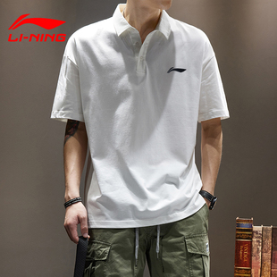李宁polo衫男夏季白色，修身半袖纯棉t恤翻领体恤运动上衣短袖