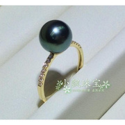 秀气优雅淑女大溪地珍珠戒指18k金天然(金天然)海水黑珍珠戒指孔雀黑绿