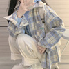 蓝色长袖衬衫女装2023春日格子港风chic情侣装衬衣开衫外套潮