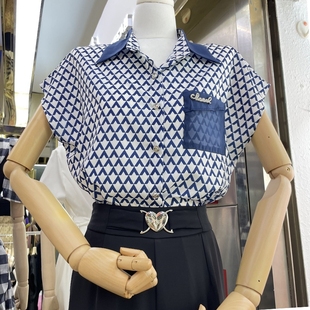 高级感气质几何印花短袖衬衫，女2022夏季通勤欧根纱拼接上衣