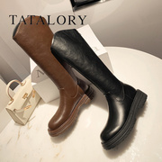 tatalory女鞋松糕厚底不过膝长靴女靴骑士靴，真皮高筒显瘦长筒靴