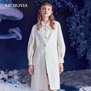 vjcolivia2023秋冬米白羊毛中长款大衣钉珠娃娃，领外套女装
