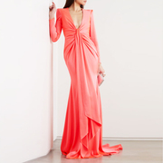 粉红色晚礼服高端大气性感低胸模特派对酒会晚宴年会连衣裙长款女